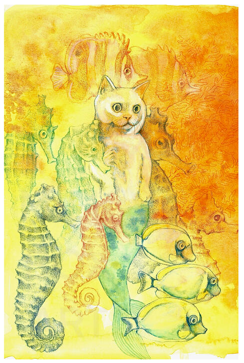 Mercat and Friends, 2023 Watercolor and Colored Pencils